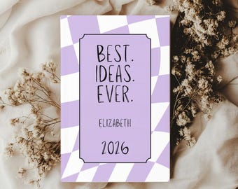 Custom Best Ideas Ever Purple Wavy Checkerboard Hardcover Journal, Personalized Name & Year, Cute Notebook, Gift for Friend, Birthday Gift