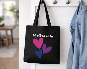 Bi Vibes Only Bisexual Pride Tote Bag Black, Cute Bi Pride Heart Tote, Everyday Bag Gift for Friend, Hearts Bi Pride Gift, LGBTQ+ Pride