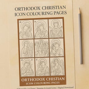 Puede incluir: Una hoja de papel con el texto "ORTHODOX CHRISTIAN ICON COLOURING PAGES" e ilustraciones de iconos religiosos. El papel también incluye el texto "8 Printable A4 Pages | Russian & Greek Icons | Digital Download". Un lápiz gris está a la derecha.