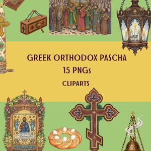May include: Digital clipart set featuring Greek Orthodox Pascha imagery. Includes illustrations of religious icons, a cross, a hanging lantern, a candle, and a decorative bread. The text "GREEK ORTHODOX PASCHA 15 PNGS CLIPARTS" is also present.