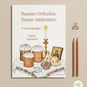May include: A colouring book titled "Russian Orthodox Easter celebration" with 15 colouring pages. The cover features illustrations of Easter cakes, a candle, and religious icons. Two pencils and a gold paper clip are on the right.