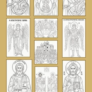 May include: A collection of nine black and white Greek Orthodox icons on a gold background. The icons depict religious figures, angels, and scenes from the Bible. The text "GREEK ORTHODOX ICONS" is at the bottom.