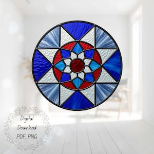 May include: A round stained glass window with a black frame. The design features a central red circle surrounded by blue, red, and white geometric shapes. The words "Digital Download PDF, PNG" are in a circular wreath.
