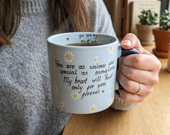 Hand-Painted Daisy Ceramic Mug | Romantic Quote, Baby Blue Coffee Cup
