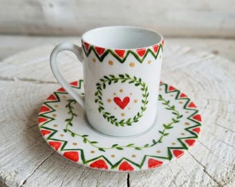 Hand Painted Turkish Coffee Cup Set of 12, Espresso Cup and Saucer with Heart Wreath