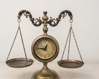 Vintage Scale of Justice Table Clock, Brass Desktop Office Decor, Lawyer Mantel Timepiece
