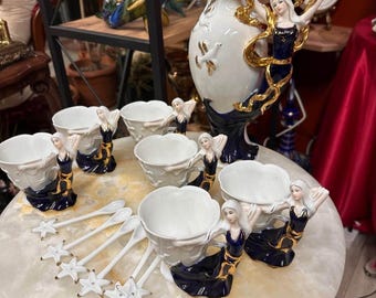 Exquisite Art Nouveau Cobalt Blue Female Figure Porcelain Coffee Set - Victorian Demitasse & Sculptural Pitcher