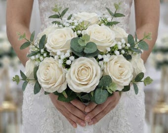 White Rose Bridal Bouquet with Eucalyptus and Baby's Breath, Artificial Wedding Flowers, Classic Bride Bouquet, Real Touch