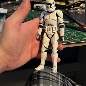 Pu&ograve; includere: Action figure bianca e nera di un clone trooper di Star Wars. La figura &egrave; tenuta in mano da una persona e indossa un elmetto e un'armatura bianchi. La figura &egrave; alta circa 15 cm.