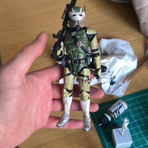Pu&ograve; includere: Action figure dettagliata di un soldato con armatura verde oliva e beige, che tiene un fucile nero. La figura ha un elmetto bianco ed &egrave; posta su uno sfondo neutro. La figura &egrave; alta circa 15 cm.