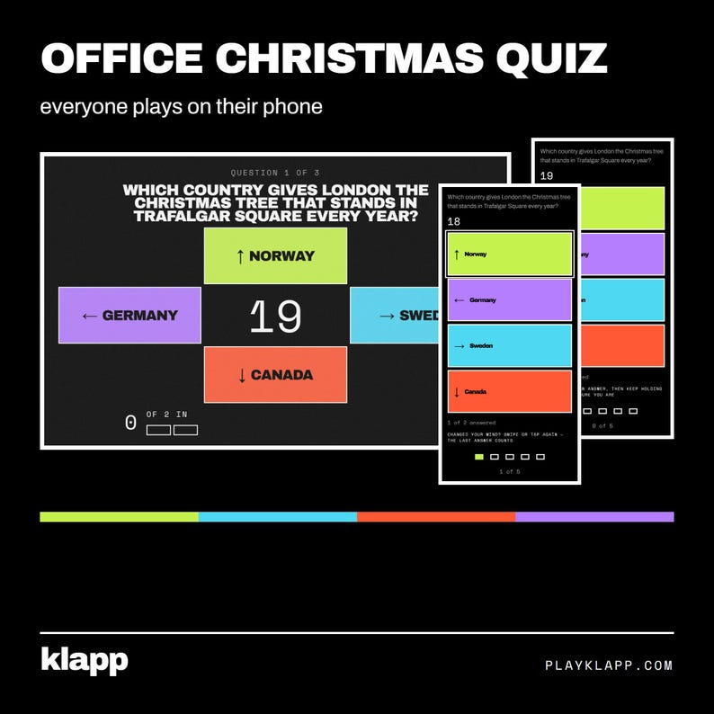 May include: A digital office Christmas quiz interface displayed on a screen and mobile devices. The screen shows a question about the London Christmas tree with four colour-coded answer boxes labelled Norway, Germany, Sweden, and Canada.