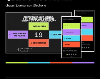 Könnte beinhalten: Eine digitale Neujahrs-Quiz-Oberfläche mit einer Frage zu spanischen Traditionen. Der Bildschirm zeigt Multiple-Choice-Optionen in grünen, violetten, blauen und orangefarbenen Feldern mit Pfeilen sowie die Zahl 19 und den Text Klapp PlayKlapp.com.