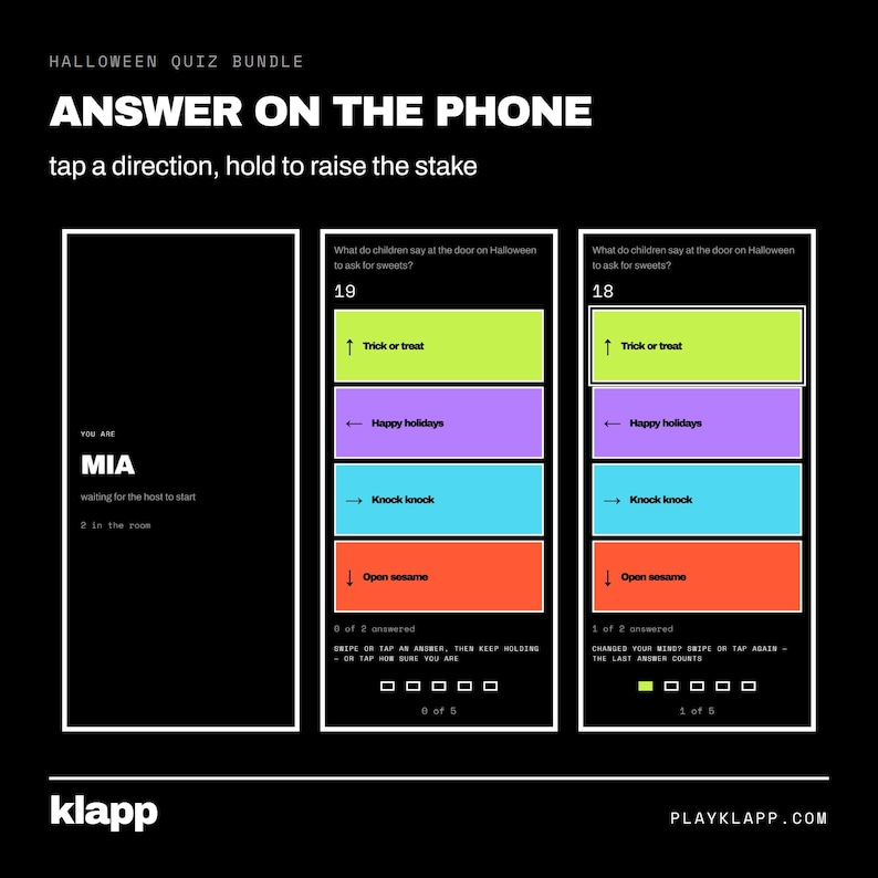 Op de afbeelding: Een digitale Halloween quiz interface weergegeven op drie telefoonschermen tegen een zwarte achtergrond. De schermen tonen meerkeuzevragen met gekleurde antwoordblokken, richtingspijlen en de tekst Answer on the phone.