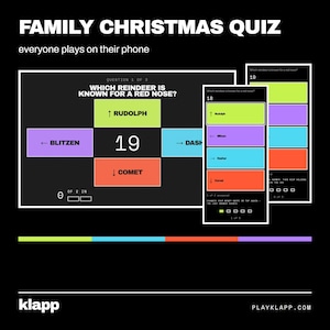 Pode incluir: Uma interface de jogo digital Family Christmas Quiz exibida em uma tela e dois dispositivos móveis. A tela mostra o texto 'Which reindeer is known for a red nose?' com quatro caixas de resposta coloridas rotuladas como Rudolph, Blitzen, Dasher e Comet.