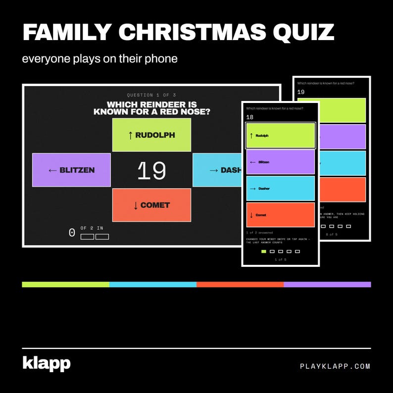 May include: A digital Family Christmas Quiz game interface displayed on a screen and two mobile devices. The screen shows the text 'Which reindeer is known for a red nose?' with four colored answer boxes labeled Rudolph, Blitzen, Dasher, and Comet.