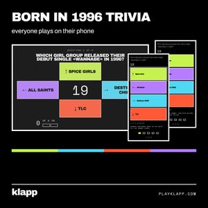 Pode incluir: Interface do jogo de trivia Born in 1996 exibida em uma tela e dispositivos móveis. O fundo preto apresenta botões retangulares coloridos rotulados como Spice Girls, All Saints, Destiny's Child e TLC. O texto inclui pergunta 1 de 3 e o número 19.
