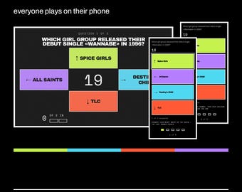 Op de afbeelding: Born in 1996 trivia-spelinterface weergegeven op een scherm en mobiele apparaten. De zwarte achtergrond bevat kleurrijke rechthoekige knoppen met de labels Spice Girls, All Saints, Destiny's Child en TLC. Tekst bevat vraag 1 van 3 en het getal 19.