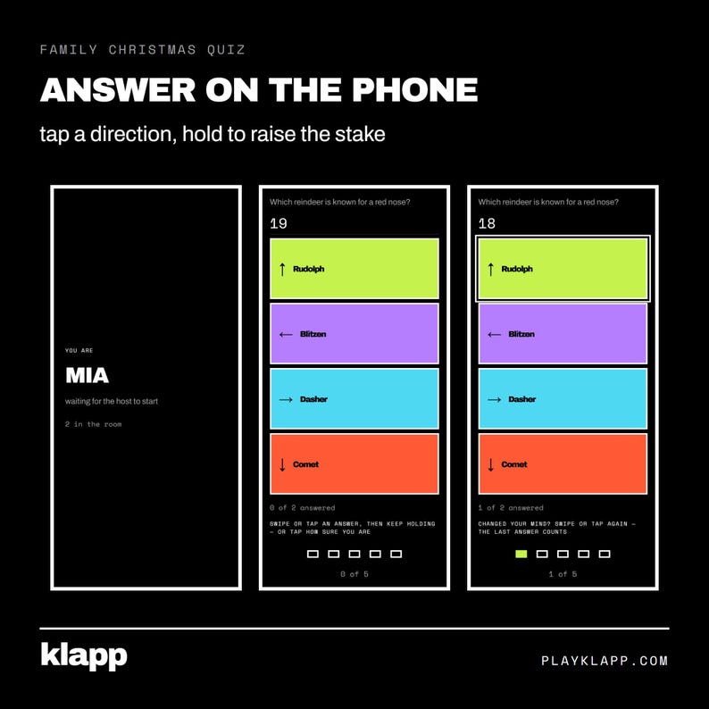 May include: A digital interface for a family Christmas quiz titled ANSWER ON THE PHONE. The screen displays multiple choice options with colored rectangles for Rudolph, Blitzen, Dasher, and Comet, alongside instructions to tap a direction and hold.