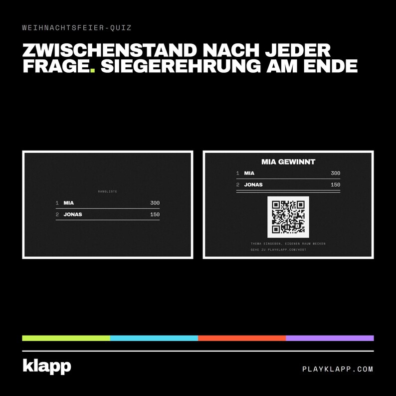 Pode incluir: Uma interface digital preta com o texto WEIHNACHTSFEIER-QUIZ, ZWISCHENSTAND NACH JEDER FRAGE. SIEGEREHRUNG AM ENDE. Duas caixas com bordas brancas exibem um placar com Mia e Jonas, pontua&ccedil;&otilde;es, um c&oacute;digo QR e o texto MIA GEWINNT.