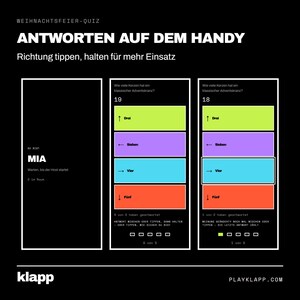 Pode incluir: Uma interface de quiz digital em um fundo preto com tr&ecirc;s pain&eacute;is verticais. O texto diz WEIHNACHTSFEIER-QUIZ, ANTWORTEN AUF DEM HANDY e inclui op&ccedil;&otilde;es de m&uacute;ltipla escolha em verde-lim&atilde;o, roxo, azul e laranja com setas direcionais.