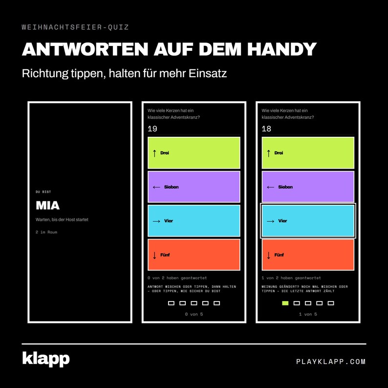 Pode incluir: Uma interface de quiz digital em um fundo preto com tr&ecirc;s pain&eacute;is verticais. O texto diz WEIHNACHTSFEIER-QUIZ, ANTWORTEN AUF DEM HANDY e inclui op&ccedil;&otilde;es de m&uacute;ltipla escolha em verde-lim&atilde;o, roxo, azul e laranja com setas direcionais.
