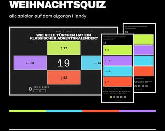 Könnte beinhalten: Eine digitale Familien-Weihnachtsquiz-Oberfläche mit dem Titel FAMILIEN-WEIHNACHTSQUIZ. Der Bildschirm zeigt eine Frage zu Adventskalendertürchen mit Auswahlmöglichkeiten in Limettengrün, Lila, Blau und Orange sowie Ansichten für Mobiltelefone.