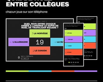 Könnte beinhalten: Eine digitale Quiz-Oberfläche mit dem Titel QUIZ DE NOËL ENTRE COLLÈGUES, die Multiple-Choice-Fragen zum Weihnachtsbaum am Trafalgar Square enthält. Der Bildschirm zeigt farbige rechteckige Schaltflächen mit der Aufschrift LA NORVÈGE, L'ALLEMAGNE und LE CANADA.