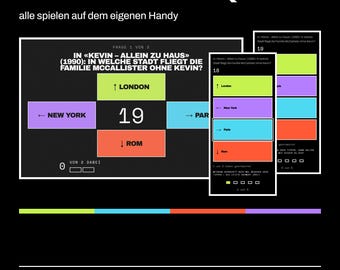Könnte beinhalten: Eine digitale Benutzeroberfläche für ein Weihnachtsfilm-Quiz mit dem Titel WEIHNACHTSFILM-QUIZ. Der Bildschirm zeigt eine Frage zum Film Kevin – Allein zu Haus mit vier farbigen Antwortfeldern für London, New York, Paris und Rom sowie der Zahl 19.