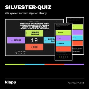 Pode incluir: Uma interface digital de Silvester-Quiz num fundo preto. O ecrã mostra uma pergunta de escolha múltipla sobre um sketch alemão de passagem de ano, com quatro botões de resposta coloridos rotulados Dinner for One, Tatort, Der kleine Lord e Sissi.
