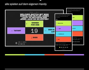 Op de afbeelding: Een digitale Silvester-Quiz interface op een zwarte achtergrond. Het scherm toont een meerkeuzevraag over een Duitse oudejaarssketch, met vier gekleurde antwoordknoppen met de labels Dinner for One, Tatort, Der kleine Lord en Sissi.