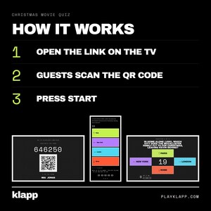 Pode incluir: Um gr&aacute;fico de instru&ccedil;&otilde;es preto para um quiz de filmes de Natal intitulado HOW IT WORKS. Lista tr&ecirc;s passos: 1. OPEN THE LINK ON THE TV, 2. GUESTS SCAN THE QR CODE, 3. PRESS START. Abaixo, tr&ecirc;s exemplos de telas com um c&oacute;digo QR.