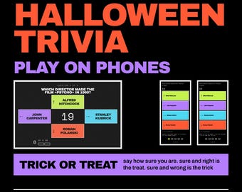 Op de afbeelding: Een digitale Halloween trivia spelafbeelding met oranje, paarse en zwarte tekst. Het bevat een quizinterface met meerkeuzeopties voor een filmvraag, mockups van telefoonschermen en de tekst: HALLOWEEN TRIVIA PLAY ON PHONES.