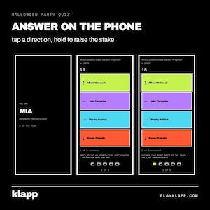 Op de afbeelding: Een digitale Halloween party quiz interface getiteld ANSWER ON THE PHONE. Drie verticale schermen tonen spelstatussen met neonkleurige antwoordknoppen gelabeld met Alfred Hitchcock, John Carpenter, Stanley Kubrick en Roman Polanski.