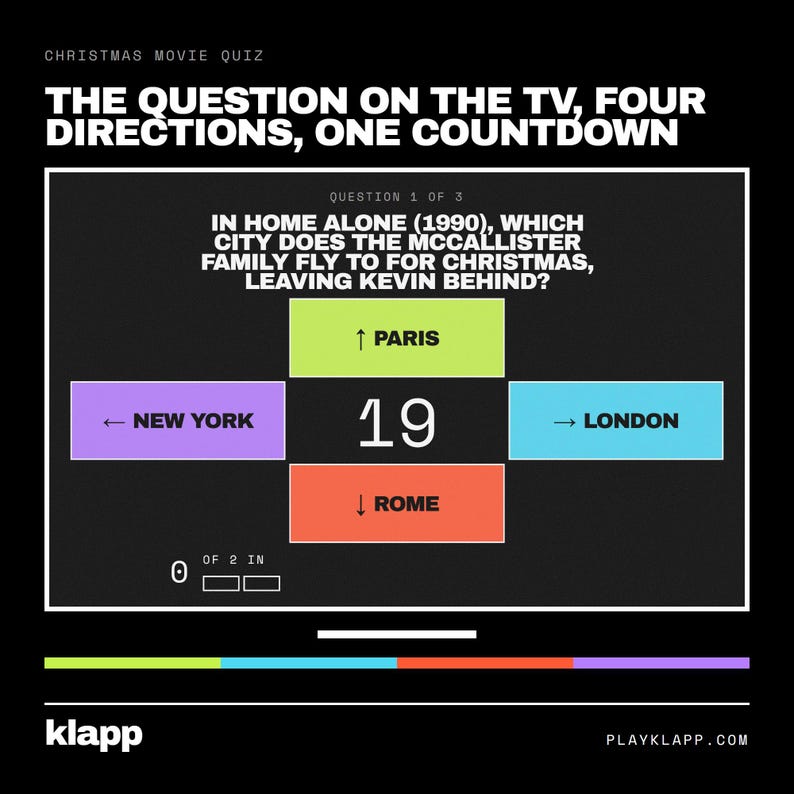 Pode incluir: Uma tela de quiz digital sobre filmes de Natal com o texto THE QUESTION ON THE TV, FOUR DIRECTIONS, ONE COUNTDOWN. Uma pergunta sobre Esqueceram de Mim (1990) &eacute; exibida acima de quatro caixas de resposta coloridas: Paris, Nova York, Londres e Roma.