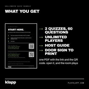 Op de afbeelding: Een zwarte digitale Halloween quizbundel infographic met witte tekst en twee QR-codes. Het bevat 2 quizzen met 60 vragen, onbeperkte spelers, een gastheergids en een printbaar deurbord. De tekst bevat instructies voor het openen van de PDF.