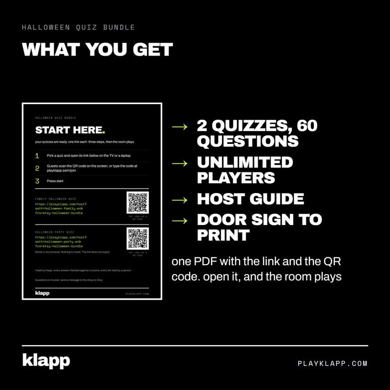 Op de afbeelding: Een zwarte digitale Halloween quizbundel infographic met witte tekst en twee QR-codes. Het bevat 2 quizzen met 60 vragen, onbeperkte spelers, een gastheergids en een printbaar deurbord. De tekst bevat instructies voor het openen van de PDF.
