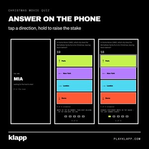 Pode incluir: Uma interface digital para um quiz de filmes de Natal intitulado ANSWER ON THE PHONE. A tela exibe tr&ecirc;s pain&eacute;is verticais mostrando o status do jogo, uma pergunta sobre o filme Home Alone e op&ccedil;&otilde;es de m&uacute;ltipla escolha em lima, roxo, azul e laranja.