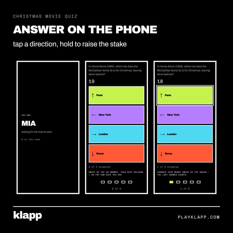 Pode incluir: Uma interface digital para um quiz de filmes de Natal intitulado ANSWER ON THE PHONE. A tela exibe tr&ecirc;s pain&eacute;is verticais mostrando o status do jogo, uma pergunta sobre o filme Home Alone e op&ccedil;&otilde;es de m&uacute;ltipla escolha em lima, roxo, azul e laranja.