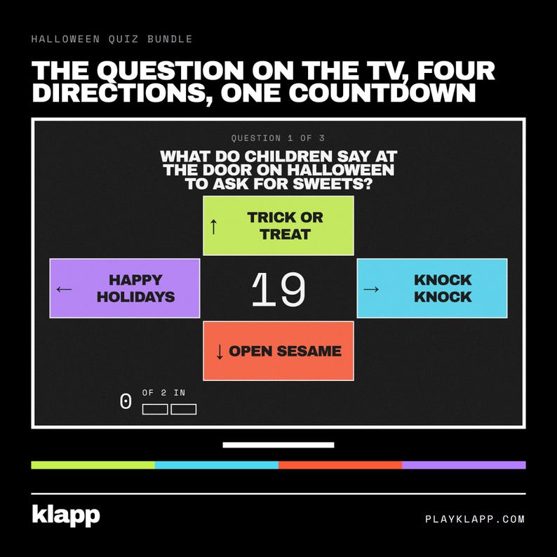 Op de afbeelding: Een Halloween quiz-bundelafbeelding met de tekst THE QUESTION ON THE TV, FOUR DIRECTIONS, ONE COUNTDOWN. Een centrale countdown toont 19, omringd door vier gekleurde vakken met richtingspijlen en de tekst: TRICK OR TREAT, HAPPY HOLIDAYS, KNOCK KNOCK en OPEN SESAME.