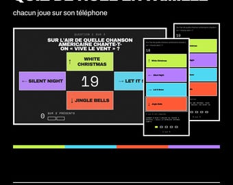 Könnte beinhalten: Eine digitale Familien-Weihnachtsquiz-Spieloberfläche mit dem Titel QUIZ DE NOËL EN FAMILLE. Der Bildschirm zeigt eine Multiple-Choice-Frage zu einem Lied mit vier farbigen Antwortfeldern: Grün für White Christmas, Lila für Silent Night, Blau für Let It Snow und Orange für Jingle Bells, sowie einen zentralen Countdown-Timer, der 19 anzeigt.