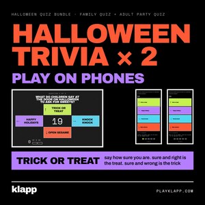 Pode incluir: Um pacote de jogos de trivia de Halloween para celulares com texto grande em laranja lendo HALLOWEEN TRIVIA x 2 e PLAY ON PHONES. O gráfico exibe uma interface de quiz com perguntas de múltipla escolha e o texto TRICK OR TREAT.