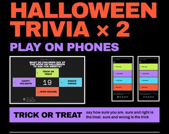 Könnte beinhalten: Ein Halloween-Quiz-Paket für Handys mit großem orangefarbenem Text HALLOWEEN TRIVIA x 2 und PLAY ON PHONES. Die Grafik zeigt eine Quiz-Oberfläche mit Multiple-Choice-Fragen, farbigen Antwortfeldern und dem Text TRICK OR TREAT.