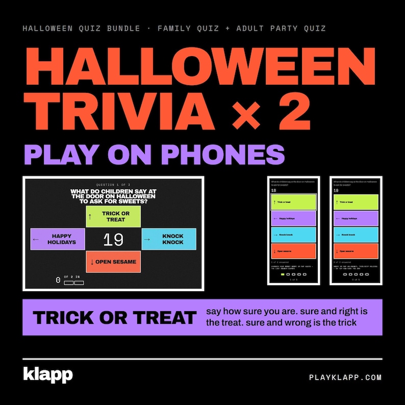 Op de afbeelding: Een Halloween trivia spelbundel voor telefoons met grote oranje tekst HALLOWEEN TRIVIA x 2 en PLAY ON PHONES. De afbeelding toont een quizinterface met meerkeuzevragen, kleurrijke antwoordknoppen en de tekst TRICK OR TREAT.