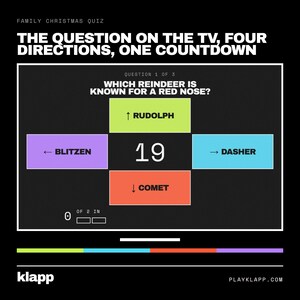 May include: A digital family Christmas quiz screen featuring the text THE QUESTION ON THE TV, FOUR DIRECTIONS, ONE COUNTDOWN. A central question asks WHICH REINDEER IS KNOWN FOR A RED NOSE? with four colored answer boxes for Rudolph, Blitzen, Dasher, and Comet.