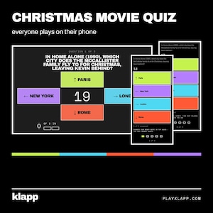 Pode incluir: Uma interface de jogo de quiz sobre filmes de Natal exibida em telas. A tela mostra uma pergunta sobre Esqueceram de Mim com quatro bot&otilde;es de resposta coloridos: verde-lim&atilde;o para Paris, roxo para Nova York, azul para Londres e laranja para Roma. Texto: CHRISTMAS MOVIE QUIZ e klapp.