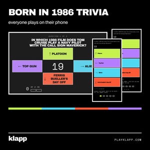 Pode incluir: Uma interface de jogo de trivia digital intitulada BORN IN 1986 TRIVIA. A tela exibe uma pergunta de múltipla escolha sobre um filme de 1986 com Tom Cruise, com quatro caixas de resposta coloridas: verde-limão, roxo, ciano e laranja, e o texto PLAYKLAPP.COM.