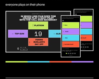 Op de afbeelding: Een digitale trivia-spelinterface getiteld BORN IN 1986 TRIVIA. Het scherm toont een meerkeuzevraag over een film uit 1986 met Tom Cruise, met vier gekleurde antwoordvakken: limoengroen, paars, cyaan en oranje, en de tekst PLAYKLAPP.COM.