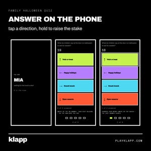 Puede incluir: Una interfaz digital para un cuestionario de Halloween en familia titulado Answer on the Phone. La pantalla muestra preguntas de opci&oacute;n m&uacute;ltiple con cuadros de respuesta codificados por colores en verde lima, morado, azul y naranja, con flechas.