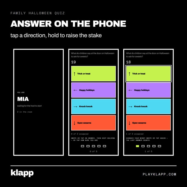 Puede incluir: Una interfaz digital para un cuestionario de Halloween en familia titulado Answer on the Phone. La pantalla muestra preguntas de opci&oacute;n m&uacute;ltiple con cuadros de respuesta codificados por colores en verde lima, morado, azul y naranja, con flechas.