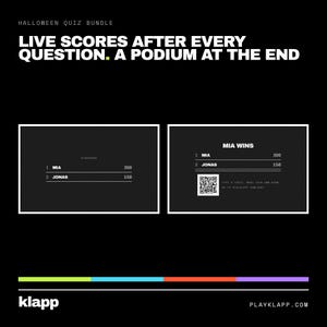 Op de afbeelding: Een digitale Halloween quiz bundel interface met witte tekst op een zwarte achtergrond. Het scherm toont live scores voor spelers Mia en Jonas, een eindpodiumscherm met een QR-code en de tekst 'LIVE SCORES AFTER EVERY QUESTION.'